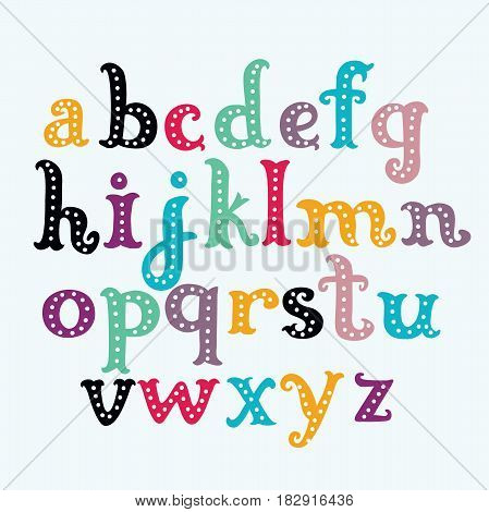 Vector cartoon funny colorful letters font. Hand drawn lowercase ABC