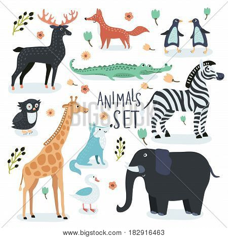 Vector set of cartoon illustrations of cartoon funny cute animals in vintage color