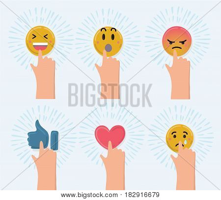 Vector cartoon funny illustration of set of cute smiley emoticons, emoji . Hand push icon. Dynamic veiw
