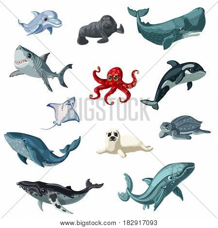 Cartoon colorful underwater animals set with creatures living in sea and ocean isolated vector illustration