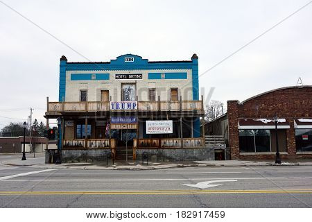 KALKASKA, MICHIGAN / UNITED STATES - NOVEMBER 27, 2016: The historic Hotel Sieting is undergoing restoration on Cedar Street in downtown Kalkaska.