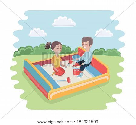 Vector cartoon funny illustration of happy kid playing in sandbox adorable cheerful little character. Childhood summer playground sand. Girl and boy play together
