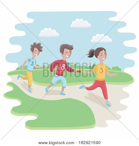 Vector caroon illustration of kids Participating in a relay race in the park or stadium