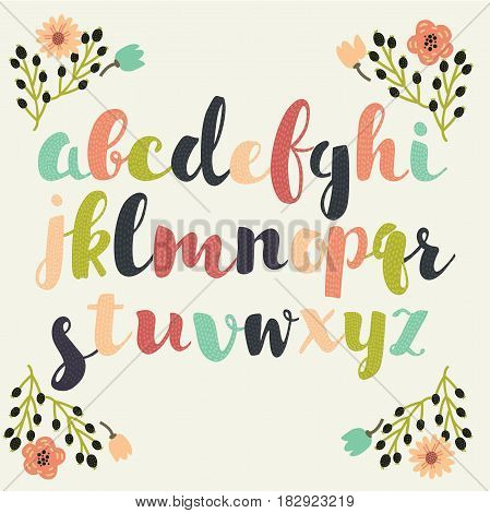 Vector color uppercase font letters in vintage color docorated with floral frame elements