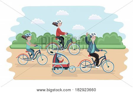 Vector illustration of family ride the bike in the park. Healthy leisure and freedom riding bike. Man, woman, boy and girl pedaling on summer time vacation. Sea shore in summer time. Flat vector color illustration