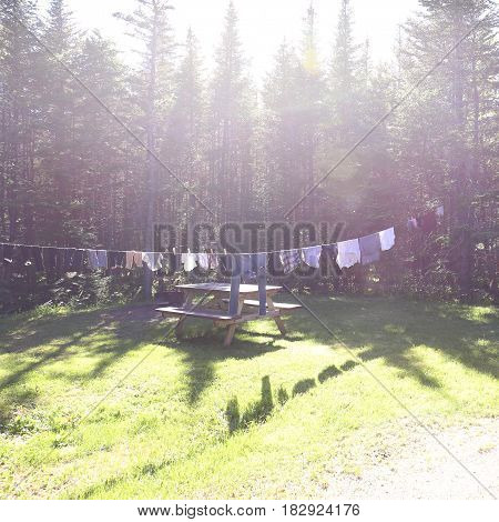 campsite clothes line, laundry on a sunny day