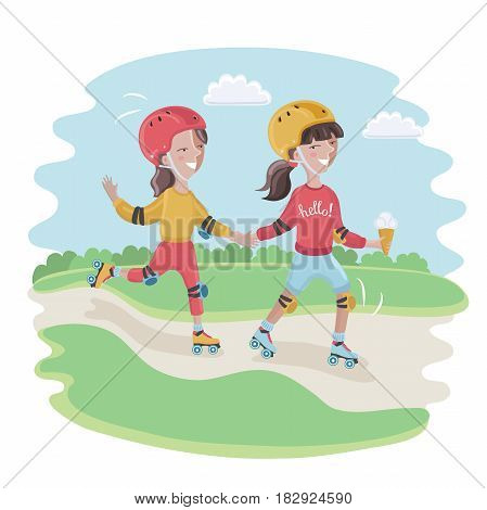 Vector cartoon funny cute illustration of boy and girl, wearing a helmet, knee pads, elbow pads is roller-skate