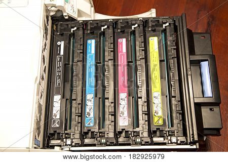 The laser cartridges in an open printer