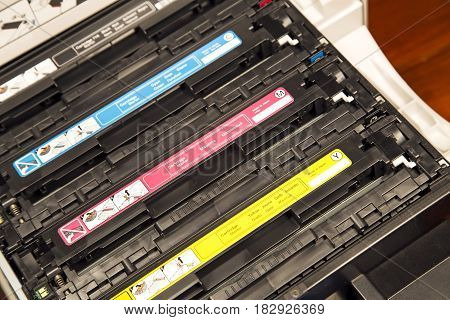 The laser cartridges in an open printer