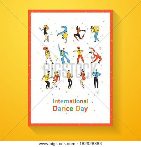 International dance day poster. Party dance people. Doodle line vector illustration