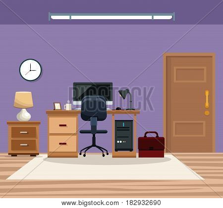 room work desk chair computer table lamp clock portfolio vector illustration