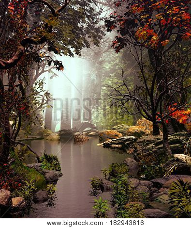 3D Illustration of forest landscape with a small lake in a cloudy atmosphere