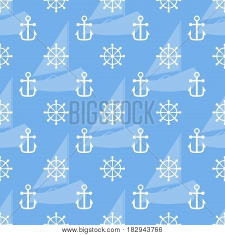 Seamless sea pattern of anchor handweel and sailboat shape. Vector illustration