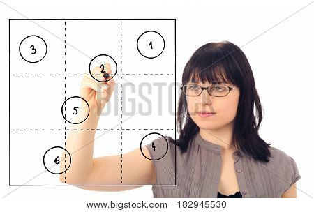 young woman drawing a generic 3x3 portfolio, a tool often used in various decision making and analysis processes.