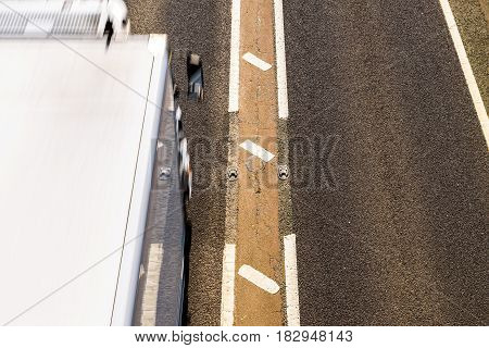 Overhead View of UK Motorway Road Sunny Day.