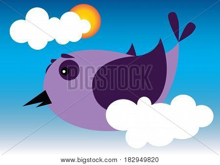 Bird flying in the sky with clouds and sun. Vector illustration. EPS 10