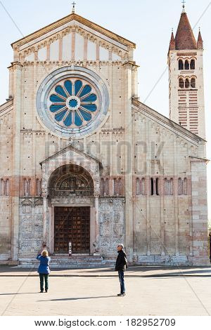 Tourists Near Basilica Of San Zeno In Verona City