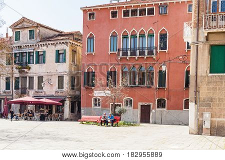 People On Square In Venice City In Spring