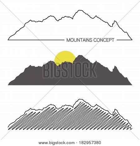 Set Of Mountain Ridges On White Background. Different Variants Of Silhouette. Vector Illustration Fo