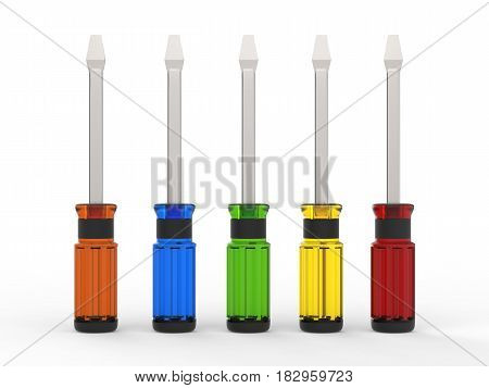 3d rendering colorful screw drivers on white background