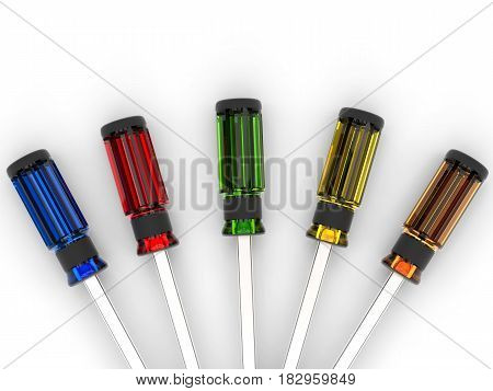 3d rendering colorful screw drivers on white background