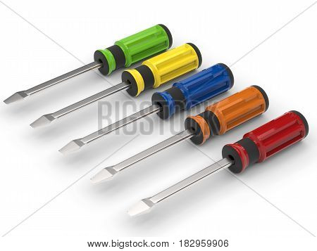 3d rendering colorful screw drivers on white background