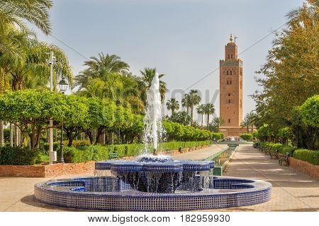 View at the fountain with Koutoubia minaret in Marrakesh - Morocco