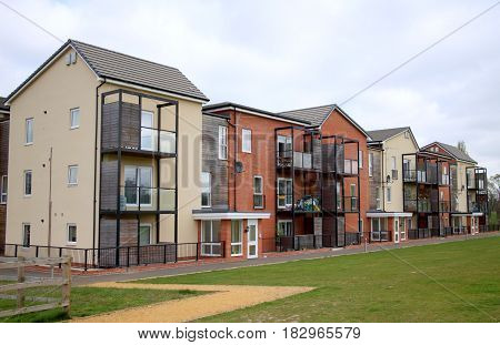 Bracknell, England - April 12, 2017: Exterior view of a modern apartment block with balconies in Bracknell, England