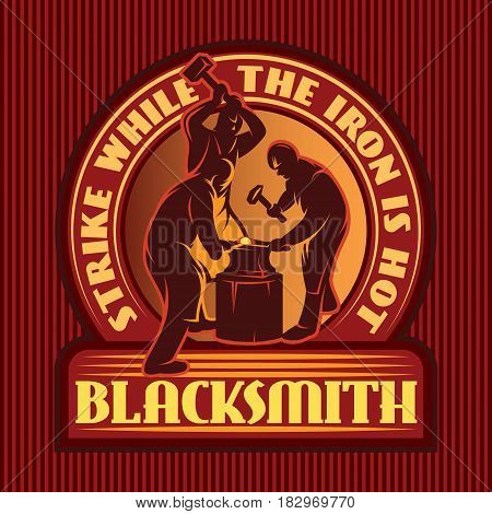 color emblem in retro style with three blacksmiths working in smithy