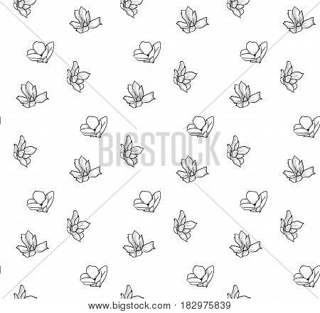 Vector Black Decorative Seamless Backdround Pattern with Drawn Flowers, Blossom, Plants. Doodle Style Greenery, Lush Foliage, Foliate. Vector Illustration. Pattern Swatch