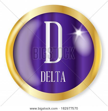D for Delta button from the NATO phonetic alphabet with a gold metal circular border over a white background