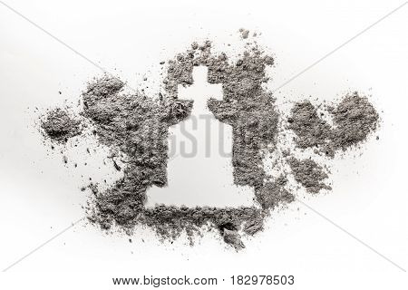 Gravestone or tombstone with christian cross drawing made in grey ash or dust as grave graveyard death cemetery silhouette concept illustration