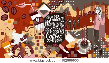 Two Girls Over Coffee Cup Background Break Breakfast Drink Vector Illustration