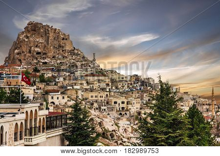 Turkish fortress Uchisar, landscape in Cappadocia, Turkey