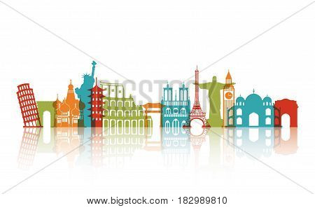 colorful iconis monuments of the world over white background. travel and tourism design. vector illustraiton