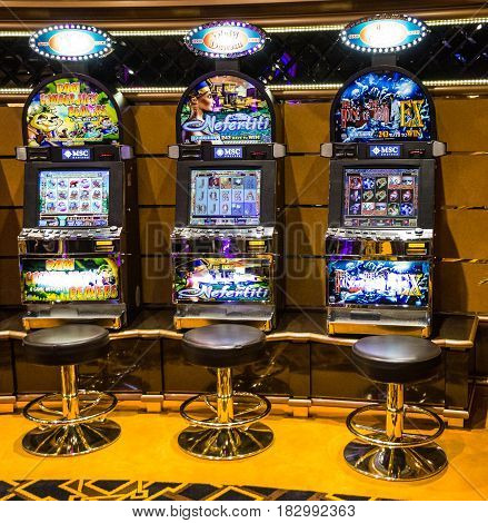 CRUISE LINER SPLENDIDA - MARCH 26, 2017: Gaming slot machines in gambling casino of Cruise liner Splendida, MSC
