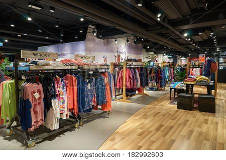 HONG KONG - CIRCA NOVEMBER, 2016: inside Quiksilver store in Hong Kong. Quiksilver, Inc. is an American retail sporting company