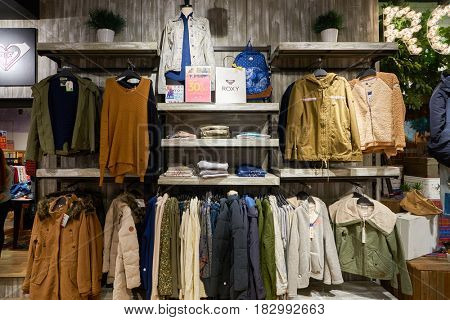 HONG KONG - CIRCA NOVEMBER, 2016: inside Quiksilver store in Hong Kong. Quiksilver, Inc. is an American retail sporting company