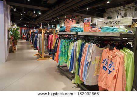 HONG KONG - CIRCA NOVEMBER, 2016: inside Quiksilver store in Hong Kong. Quiksilver, Inc. is an American retail sporting company