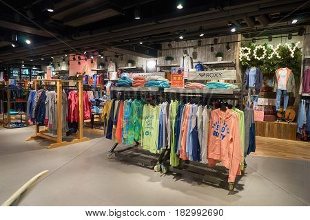 HONG KONG - CIRCA NOVEMBER, 2016: inside Quiksilver store in Hong Kong. Quiksilver, Inc. is an American retail sporting company