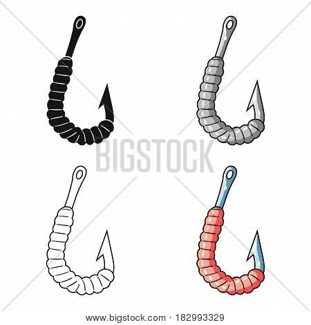 Worm on a hook icon in cartoon design isolated on white background. Fishing symbol stock vector illustration.