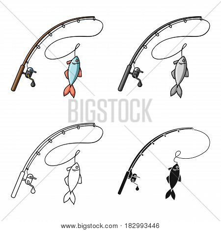 Fishing rod and fish icon in cartoon design isolated on white background. Fishing symbol stock vector illustration.