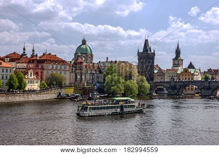 PRAGUE CHEZH REPUBLIC - APRIL 28, 2017: Prague river Vltava, Czech Republic.