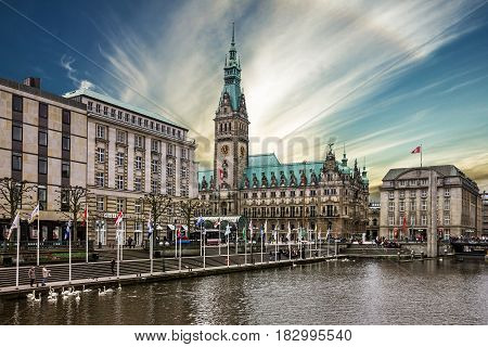 Hamburg, Germany - April 12, 2017: Town hall (Rathous) and river Alster