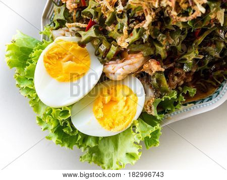 Delicious Bean Salad with shrimps Thai food on white background