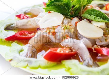 Delicious shrimp in fish sauce Thai food on white background