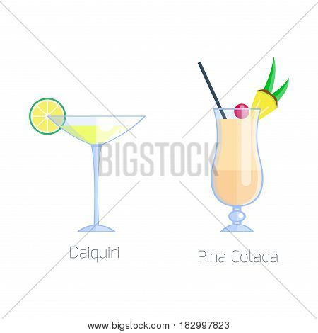 Set of alcoholic cocktails isolated fruit cold drinks tropical pina colada freshness and party alcohol sweet tequila vector illustration. Juice with refreshment rum restaurant beverage.