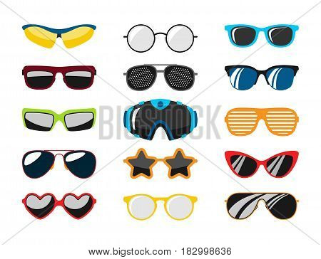 Fashion set sunglasses design retro accessory sun optical view object and spectacles vintage plastic frame modern eyeglasses vector illustration. Elegance summer sight shape classic reflection wear.