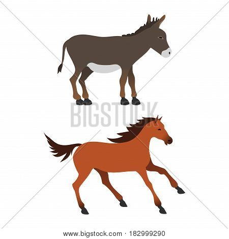 Set of horse pony stallion isolated different breeds color farm equestrian animal characters vector illustration. Collection mammal silhouette domestic animal cartoon pet design.