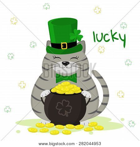 St.patrick S Day. Gray Striped Cat In A Green Leprechaun Hat, Bowler With Gold Coins, Clover. Cartoo